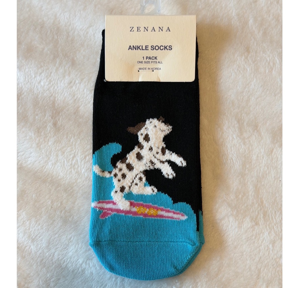 Zenana Women's Ankle Socks Black Surfing Dalmatian Dog Novelty One Size NEW